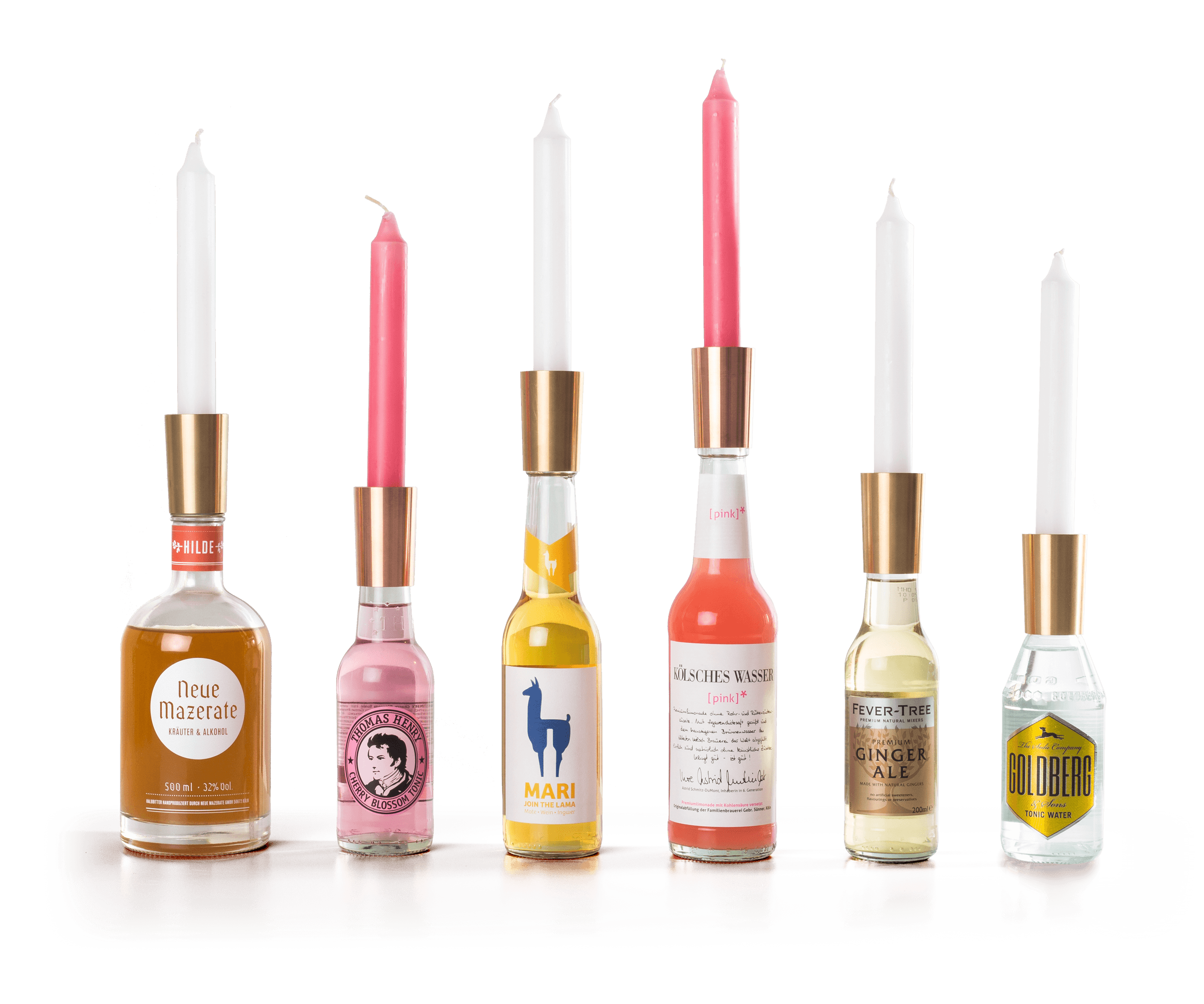 Eine Auswahl von Flaschen, die mit SODA zum Kerzenhalter werden: Neue Mazerate, Thomas Henry, Mari, Kölsches Wasser, Fever Tree, Goldberg